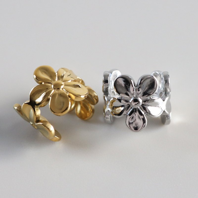 ステンレス フラワーイヤーカフ お花イヤーカフ シンプル かわいい 透かし メタル ゴールド 18KGP シルバー 片耳1点 プチプラ 耳の穴不要 痛くない レディース 女性 金属アレルギー対応フェイクピアス ノンホール イヤリング