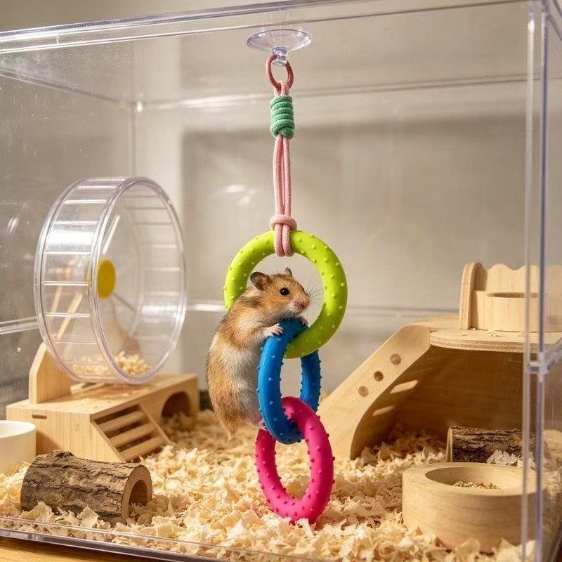 ハムスター おもちゃ 吊り下げ 3連リング ゴム製 小動物 おもちゃ リング 玩具 ケージ 吊り下げ玩具 運動 遊び道具 ストレス解消 ハムスター用品 小動物用品 ペット用品