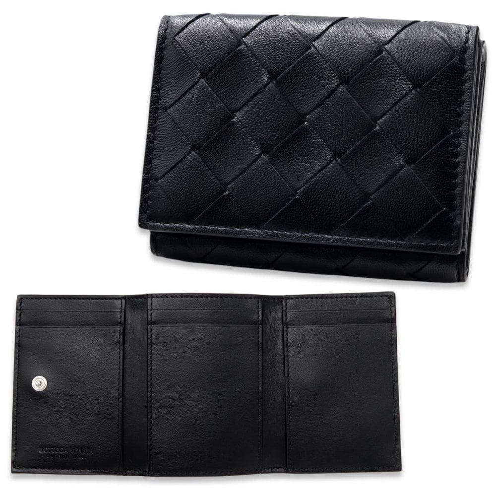 ボッテガヴェネタ BOTTEGA VENETA 三つ折り財布 イントレチャート メンズ レディース ブラック 黒 ミニ財布 小銭入れ付き カード入れ6つ ラムレザー 本革 スナップボタン 609285 V3UH1 8803