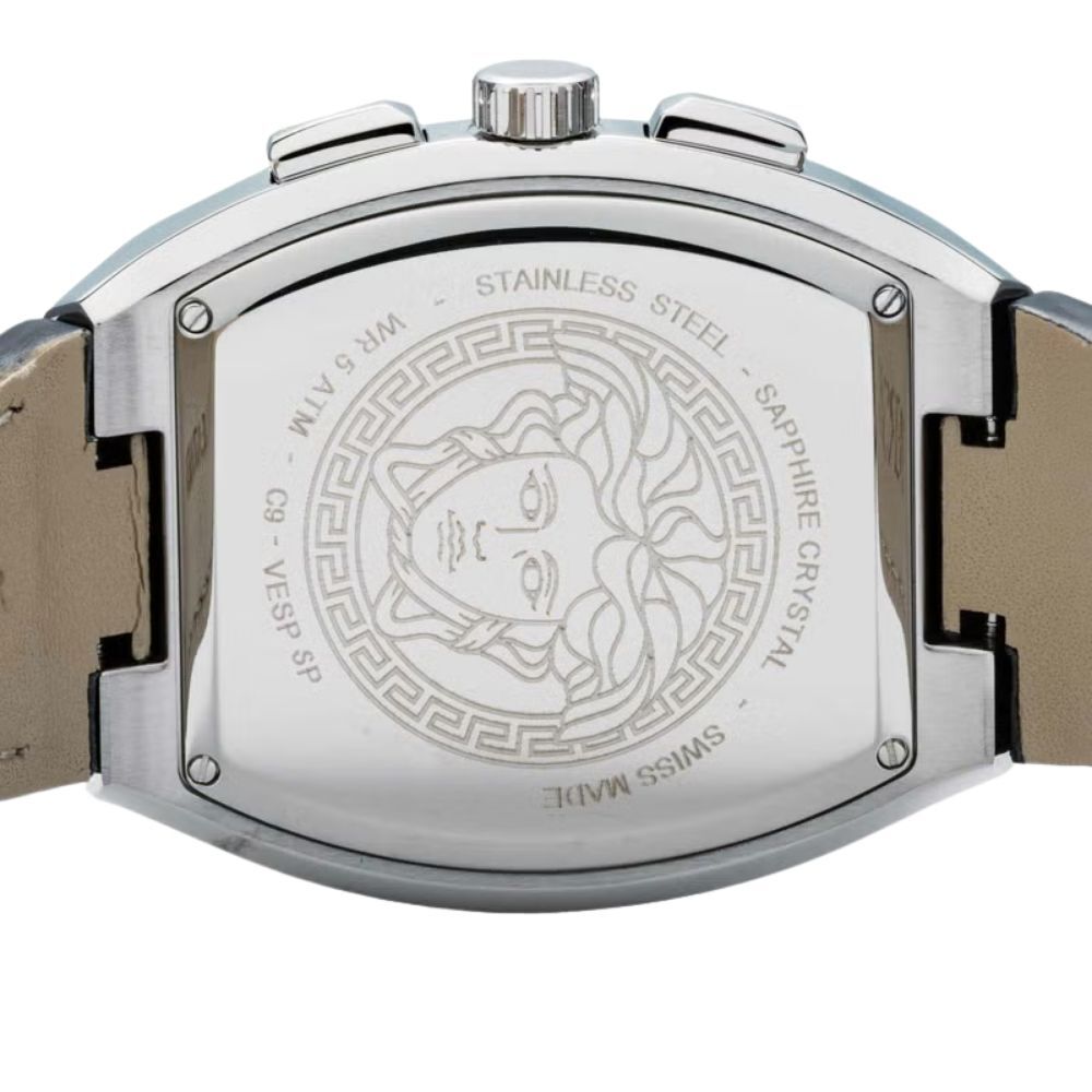 ヴェルサーチェ 腕時計 メンズ ブラック シルバー ゴールド クロノグラフ 44mm VERSACE SPORTY TONNEAU GRECA スポーティ トノー グレカ 黒 レザー 革ベルト スイス製 高級 ブランド プレゼント ギフト 卒業 入学 お祝い