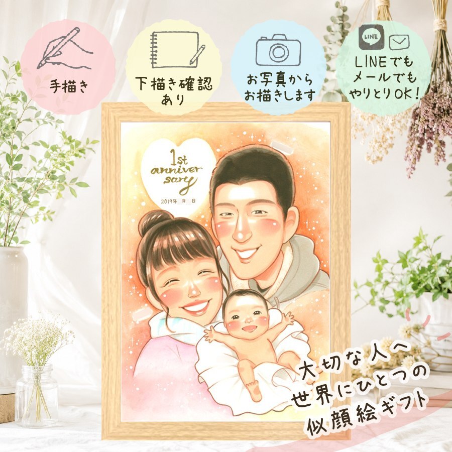 出産祝いのギフトに、似ていて、やさしく、飾りたくなる一枚。 贈り物 似顔絵 出産 名入れ ギフト 手描き プレゼント 出産祝い 記念 誕生日 お祝い 新生児 赤ちゃん ご両親 家族 夫婦 名入れ 修正無料 下書き確認 そっくり 実績多数 サプライズ 宝物 出産祝い 誕生 宝物 ベビー 大人数 同窓会 オーダーメイド 結婚祝い メモリアルギフト ブライダルギフト カラフル お祝い返し