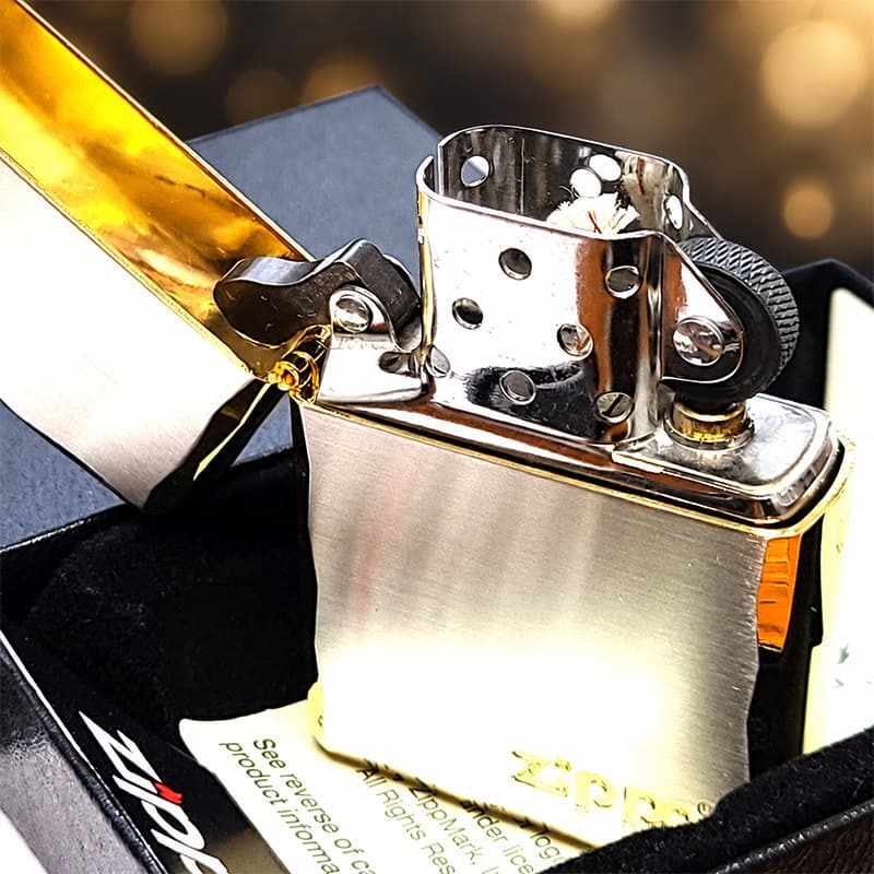 ZIPPO アーマー ジッポライター おしゃれ 重厚 ジッポロゴ シルバーサテン＆ゴールド 両面コーナー彫刻 金銀 シンプル ギフト メンズ プレゼント