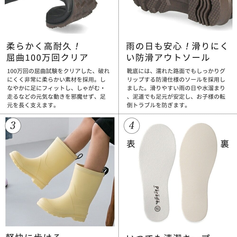 レインブーツ キッズ ジュニア 長靴 子ども用 雨靴 レインシューズ 歩きやすい 柔らかい 軽い 滑りにくい シンプル カラフル パレード 66601 Parade