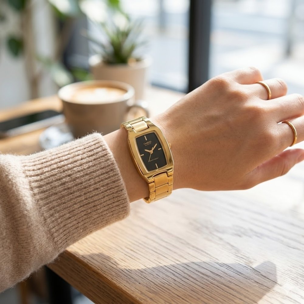 CASIO カシオ レディース 腕時計 海外モデル ブラック ゴールド スクエア 小さめ メタルベルト 女性 上品 高見え プレゼント ギフト 収納ケース付き 成人 卒業 入学