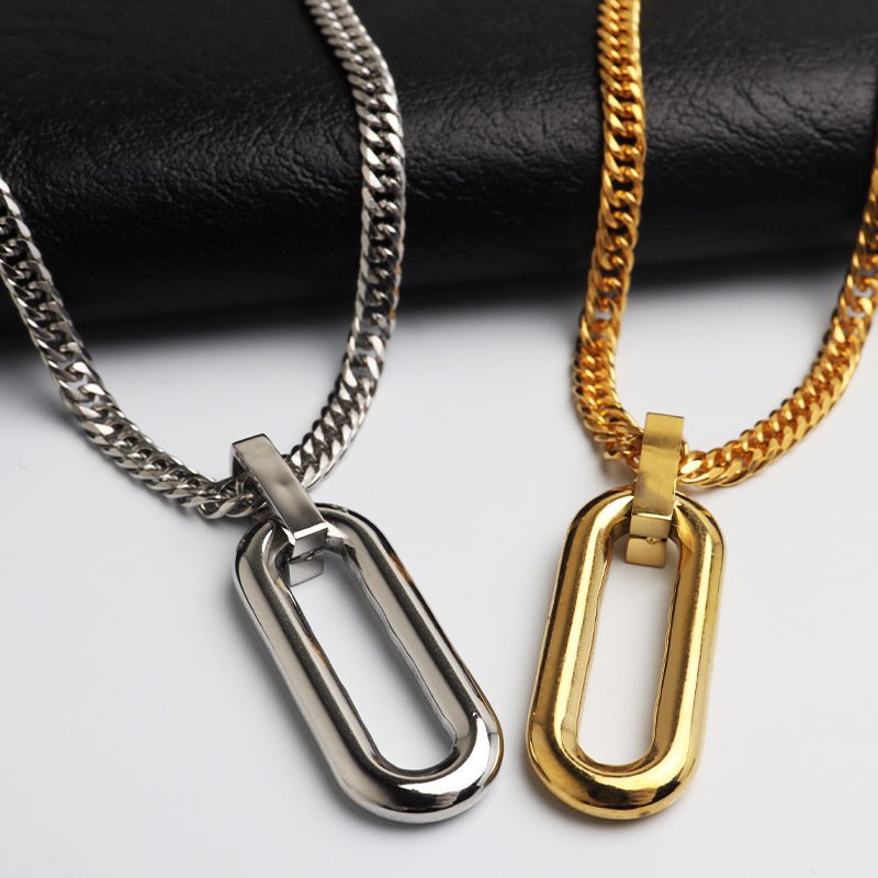 ステンレス オーバル ロングリンク 一コマ ペンダントネックレス シンプルネックレス 小ぶり ダブル喜平チェーン 細身 ゴールド 18KGP シルバー 図形 小さい メタル 幾何学 メンズ 男性 金属アレルギー対応