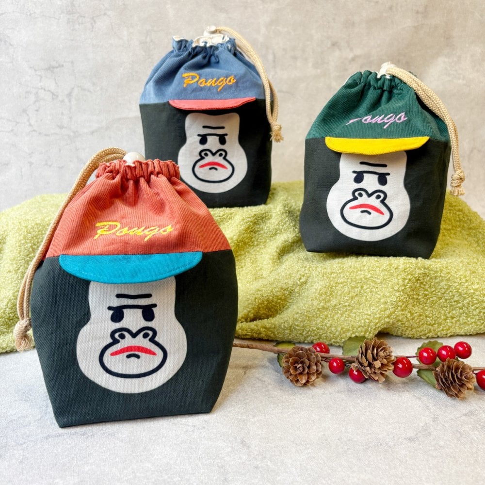 【名入れ】コーデュロイキャップごりらのころりん巾着 お弁当グッズ おにぎり入れ ランチセット サル ゴリラ アニマルグッズ 温泉グッズ オリジナルプリント