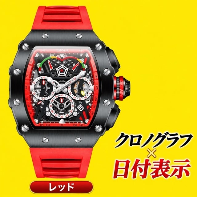 腕時計 メンズ クロノグラフ オマージュウォッチ クォーツ トノー型 スケルトン シリコンベルト 日付 ONOLA ON6827
