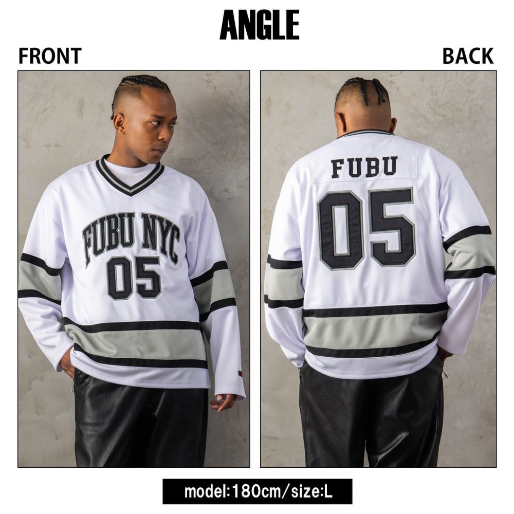 FUBU フブ ホッケーシャツ メンズ レディース fam-62712 ホッケージャージ ゲームシャツ 長袖 Vネック ナンバリング ロゴ プリント オーバーサイズ ストリート ヒップホップ ダンス カジュアル M L XL XXL 2026FW Karlas