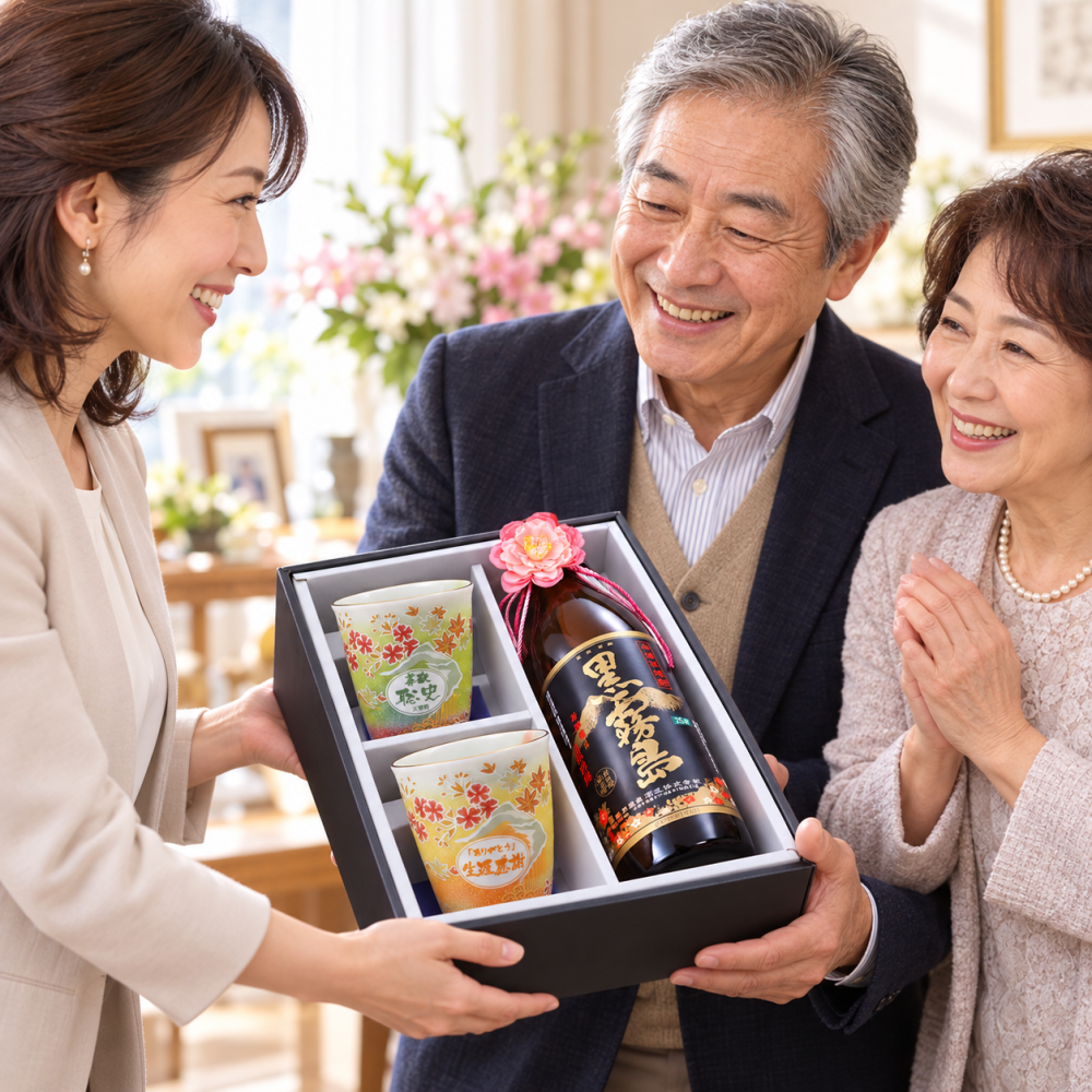 退職 異動 名入れ ペアギフト SXX 酒セット 芋焼酎 霧島酒造 黒霧島 900ml & 有田焼 桜もみじプレミアムフリーカップ 2点 紐リボン・コサージュ付 ギフトBOX入り / プレゼント ギフト 両親 夫婦 結婚 金婚式 銀婚式 退職 記念 誕生日 長寿 祝い 選べるカラー