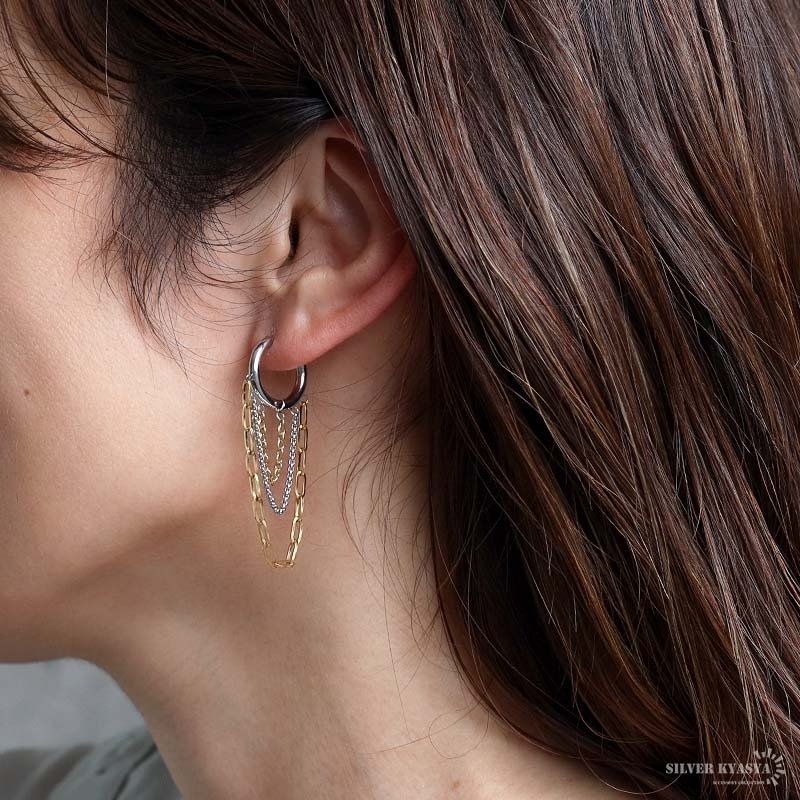ステンレス 3連チェーンピアス 3カラー 18KGP レディース フープピアス ロングチェーン 揺れる 大ぶり 韓国ファッション モード カジュアル きれいめ 個性的 アクセサリー 耳飾り イヤージュエリー 存在感 華やか 片耳用 1点