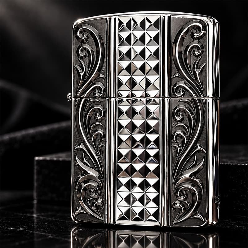 ZIPPO ライター アーマーカスタム ライン ジッポ 両面加工 細密彫刻 中世模様 銀 いぶし仕上げ シルバー かっこいい 重厚 高級 おしゃれ メンズ ギフト プレゼント
