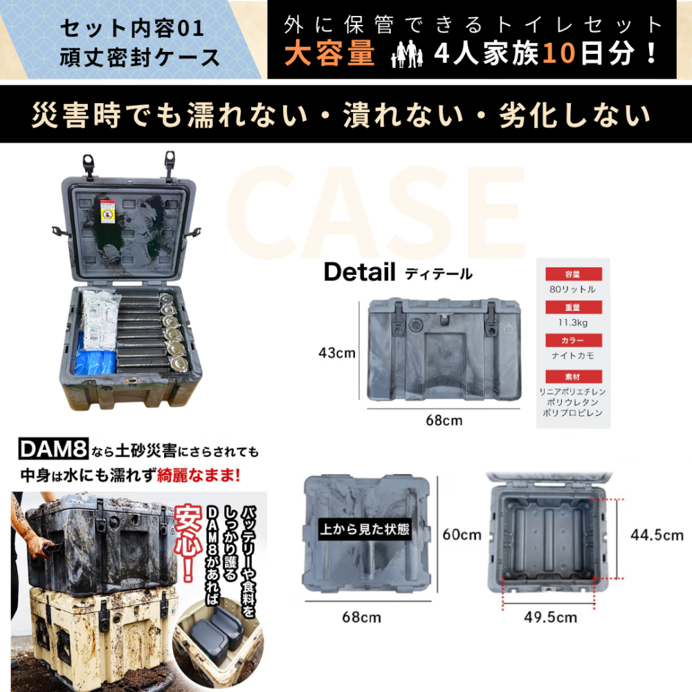 【屋外保管が可能です！】DAM8 + iZA 簡易トイレセット 凝固剤 防臭袋 汚物袋 トイレットペーパー セット 屋外保存可能 4人家族 10日分 200回分