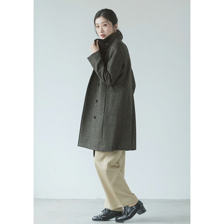 カシミヤ コート ツイード スタンドカラー ロング 着丈87cm レディース カシミヤ100％ 秋 冬 グレー 11号 カシミヤコート ロングコート アウター ツイード 30代 40代 50代 母 女性 ギフト プレゼント 6F (02000203r)