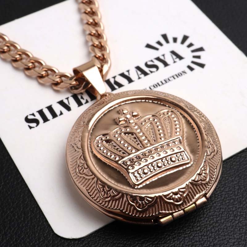 ステンレス ロケットネックレス HIPHOP 喜平チェーンネックレス ロケットペンダント クラウンネックレス 写真 記念 思い出 50cm 60cm ピンク 王冠 6面カット メンズ 男性 金属アレルギー対応