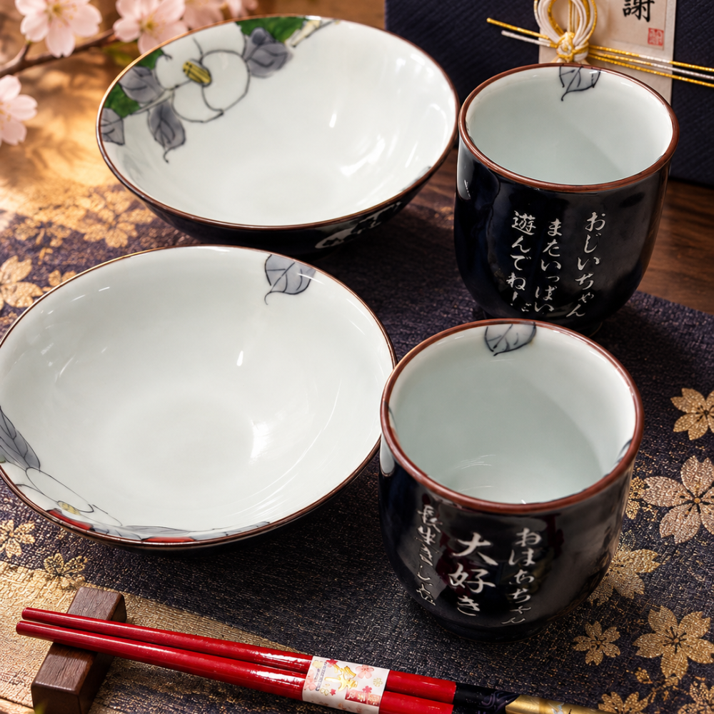 敬老の日 退職 名入れ ペアギフト SXX 波佐見焼 食器セット 内椿 赤 緑 夫婦湯呑 と 夫婦茶碗 と おまかせ箸 6点 木箱入り / プレゼント ギフト 両親 夫婦 結婚 金婚式 銀婚式 退職 記念 誕生日 長寿 祝い