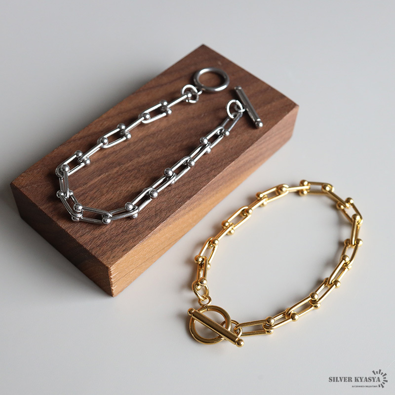 ステンレス マンテル チェーンブレスレット U 2カラー レディース アクセサリー デザインチェーン ボール 縦長 リンク 個性的 モダン スタイリッシュ 上品 カジュアル きれいめ 手元コーデ 重ね付け 金属アレルギー対応