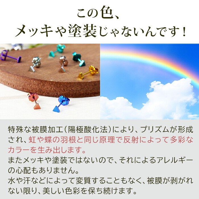 セカンドピアス チタン つけっぱなし 純チタン 三角 金属アレルギー 日本製 ポスト 軸太0.75mm 長さ10mm 全8色 全品1個ずつバラ売り 医療用 おすすめ かわいい シンプル 小さめ ミニ 極小 人気 メンズ レディース プレゼント