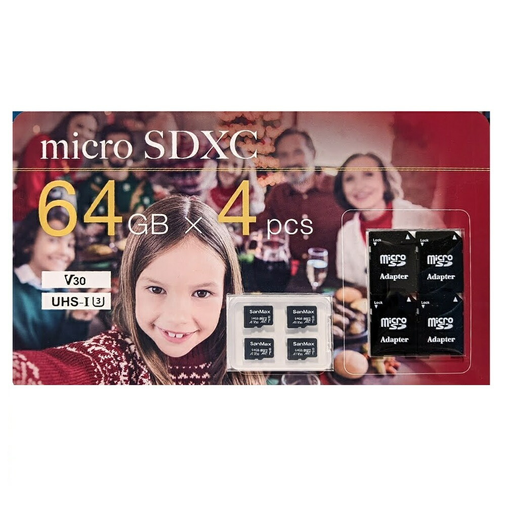 サンマックス・テクノロジー Micro SDXC 64GB×４pcs SDアダプター×４セット 台湾製 MicroSDXC64GBカード4枚MicroSDカード4枚入 ケース1個・SDアダプタ4枚 #36927 JAN:4571453190632