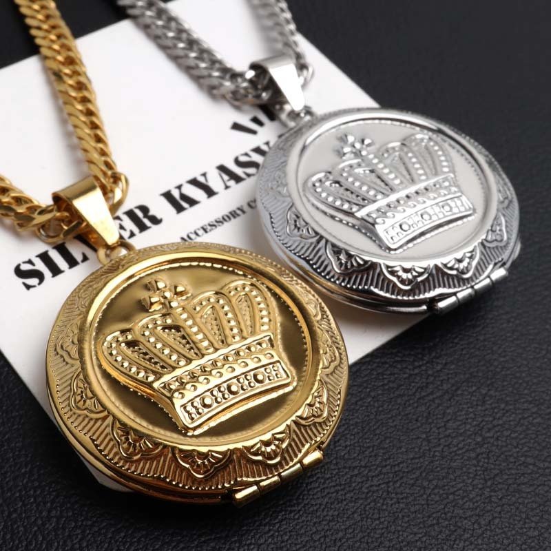 ステンレス ロケットネックレス HIPHOP ダブル喜平チェーンネックレス ロケットペンダント クラウンネックレス 写真 記念 思い出 50cm 60cm ゴールドネックレス 18KGP シルバー 王冠 6面カット メンズ 男性 金属アレルギー対応