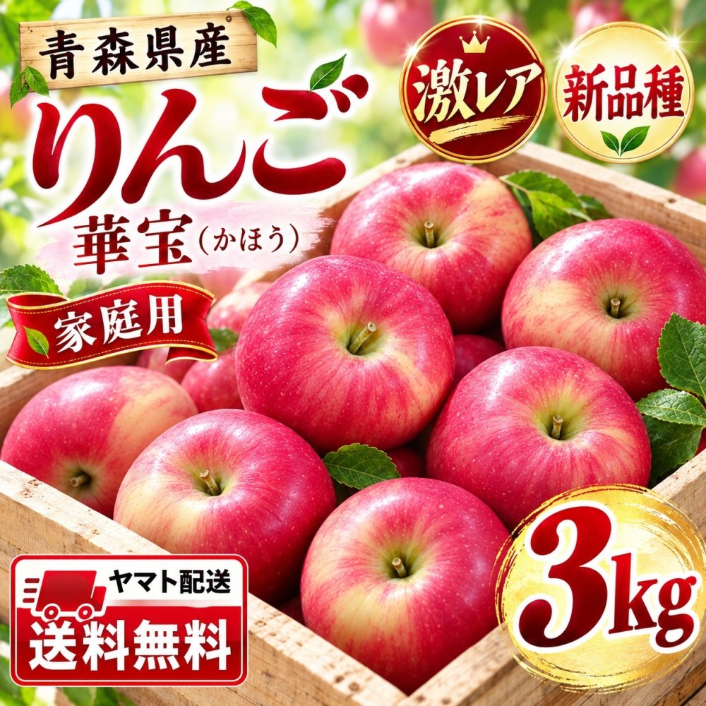 【新品種・希少】青森県産　りんご　家庭用　華宝（かほう）　大玉　3kg　6～12玉　送料無料！