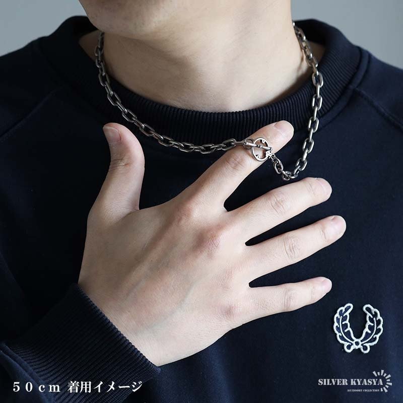 チタン製 軽い あずきチェーンネックレス 長小豆 マンテルネックレス チタンネックレス 幅7mm シルバー 燻し風加工 つけっぱなし メンズ 男性 金属アレルギー対応