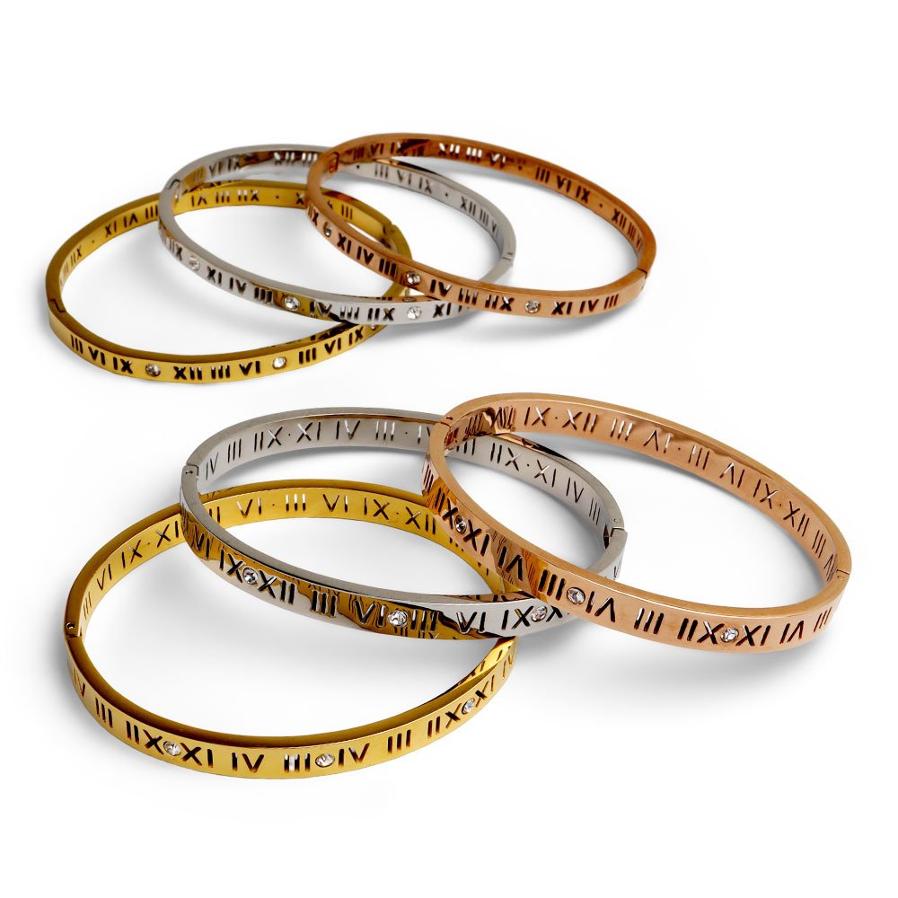 ステンレス メタルバングル ローマ数字 お洒落 ブレスレット 幅2タイプ ゴールド 18KGP シルバー ピンク きらきら ストーン 高級感 楕円 開閉式 ラグジュアリー 腕輪 レディース 女性 金属アレルギー対応
