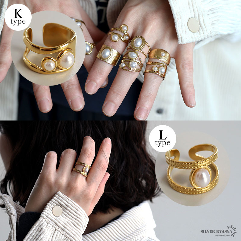ステンレス パールリング 12タイプ パール 18KGP ゴールド gold オープンリング フリーサイズ レディース 女性 指輪 金属アレルギー対応