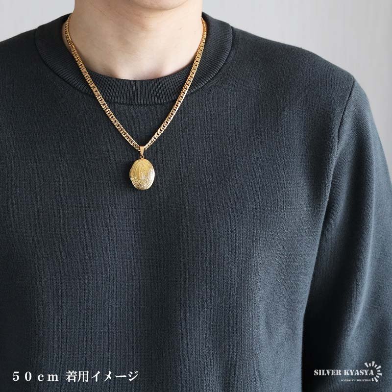 ステンレス ロケットネックレス HIPHOP ダブル喜平チェーンネックレス ロケットペンダント マリアネックレス 写真 記念 思い出 50cm 60cm ゴールドネックレス 18KGP シルバー 6面カット 聖母 メンズ 男性 金属アレルギー対応