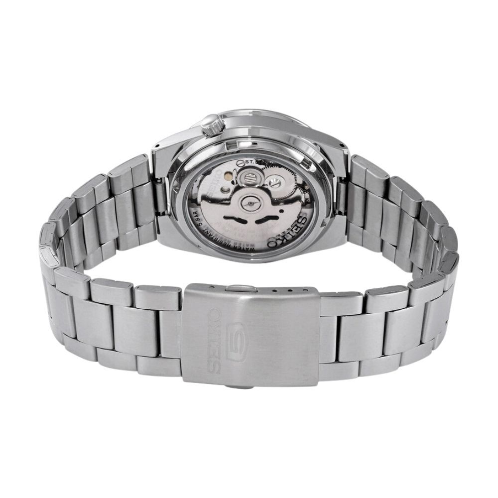 セイコー5 腕時計 メンズ 自動巻き ブラック シルバー SEIKO 5 海外モデル 逆輸入 メタルベルト 曜日 日付 裏蓋スケルトン 機械式時計 誕生日 プレゼント ギフト 収納ケース付き 成人 卒業 入学