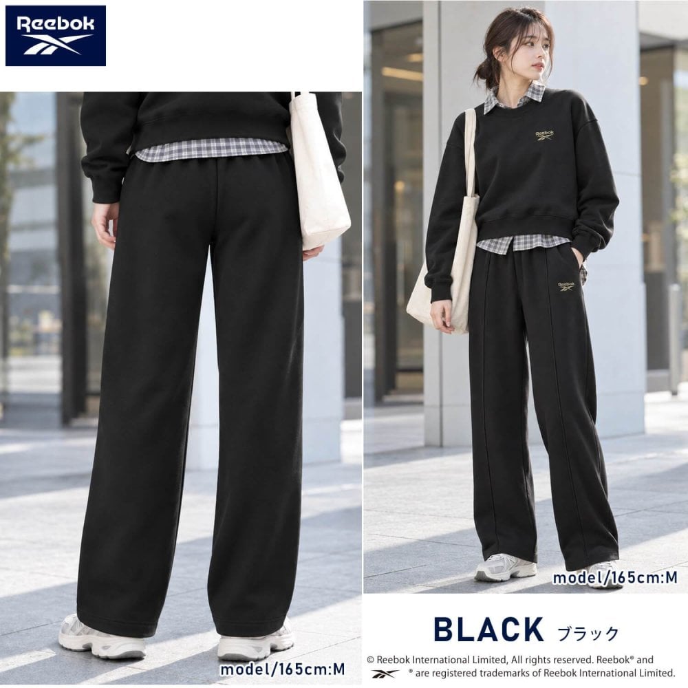 Reebok リーボック スウェットパンツ レディース ワイドパンツ ピンタック イージーパンツ 裏起毛 暖かい ロゴ 防寒 スタイルアップ 脚長 スポーツブランド ストリート ルームウェア M L LL 黒 RL-6501 2026FW Karlas