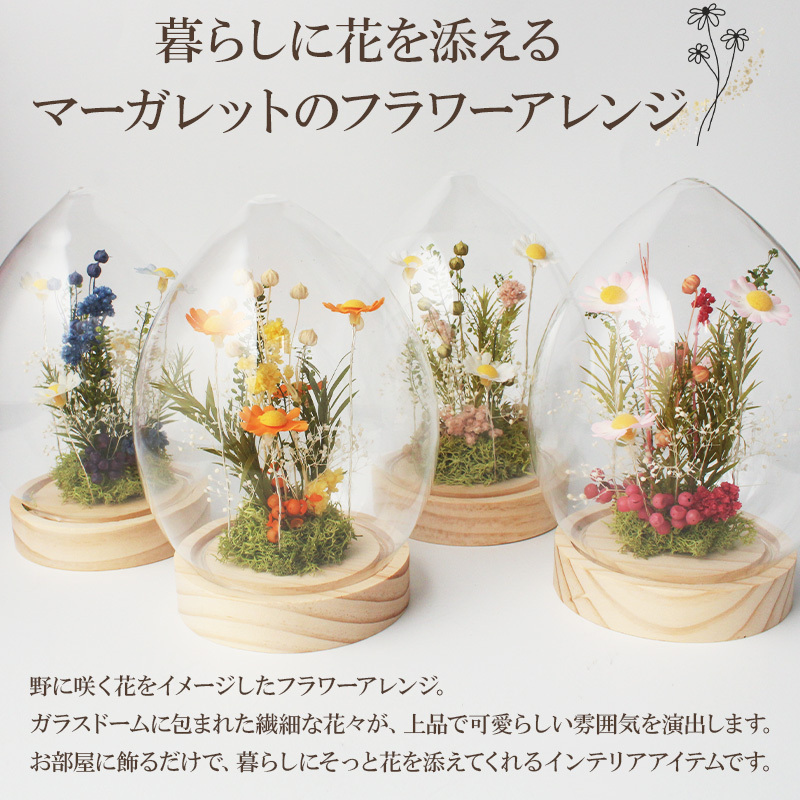 名入れ LEDフラワー マーガレット ガラスドーム タマゴ型 フラワーギフト 花ギフト 間接照明 インテリア プレゼント 誕生日 記念日 母の日 お祝い 女性