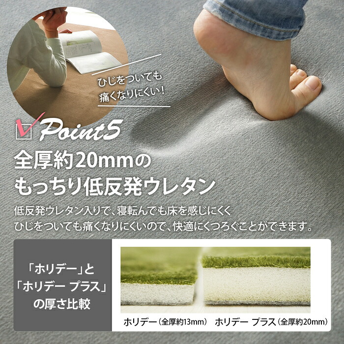 ラグ カーペット マット 80×190cm ホリデープラス 敷物 撥水加工 はっ水加工 手洗い可能 ホット 対応 床暖房対応 すべり止め付き マイクロファイバー 低反発ウレタン 低ホルムアルデヒド シンプル 北欧 ホワイト ブラウン グレー グリーン