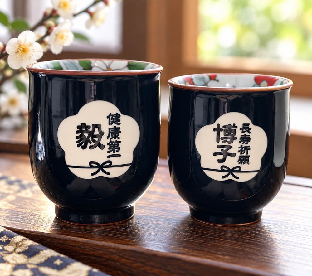 敬老の日 退職 名入れ ギフト SXX 波佐見焼 湯呑 内椿 単品 木箱入り / プレゼント ギフト 退職 記念 誕生日 還暦 緑寿 長寿 祝い 赤 緑 選べるカラー