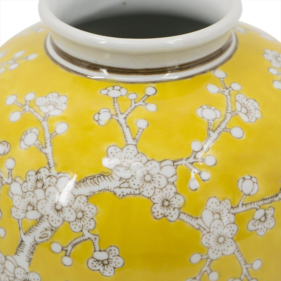 シノワズリ 花びん 丸型 高さ23cm イエロー 磁器 フラワーベース 花瓶 花器 ディスプレイ 置物 風水 開運