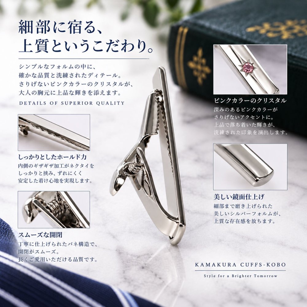 鎌倉カフス工房 ピンククリスタル ネクタイピン シルバー タイピン タイバー ラウンド メンズ ec152 ビジネス 結婚式 ギフト プレゼント
