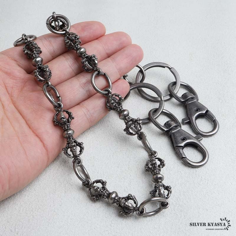 ウォレットチェーン 財布 メンズ 金剛杵 ユニークチェーン 十字架 クロス 316L ごつめ 2クリップ ロング 長め ガンメタ ブラック 個性的 ズボン 財布紐 盗難防止 紛失防止 男性