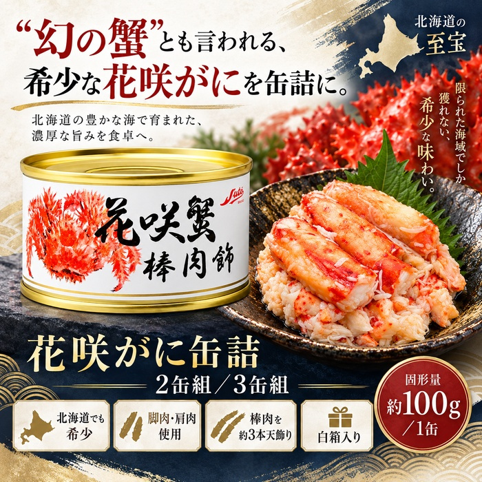 花咲蟹 棒肉飾り 缶詰 / 花咲がに 花咲蟹 蟹缶 カニ缶 棒肉 一番脚肉 肩肉 北海道 希少 海鮮 高級 贈答 ギフト 白箱 お取り寄せ / 濃厚な旨味とプリッとした食感 希少な花咲がにを手軽に楽しむ贅沢な缶詰