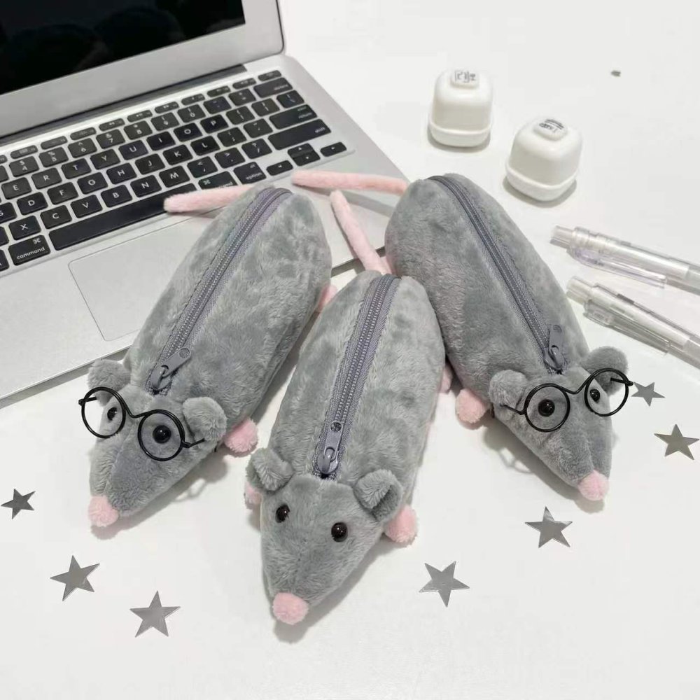 ネズミ ペンケース ぬいぐるみ ふわふわ アニマル 筆箱 メガネ付き かわいい 文房具 小物入れ ペンポーチ 学生 男の子 女の子 持ち運び プレゼント ギフト