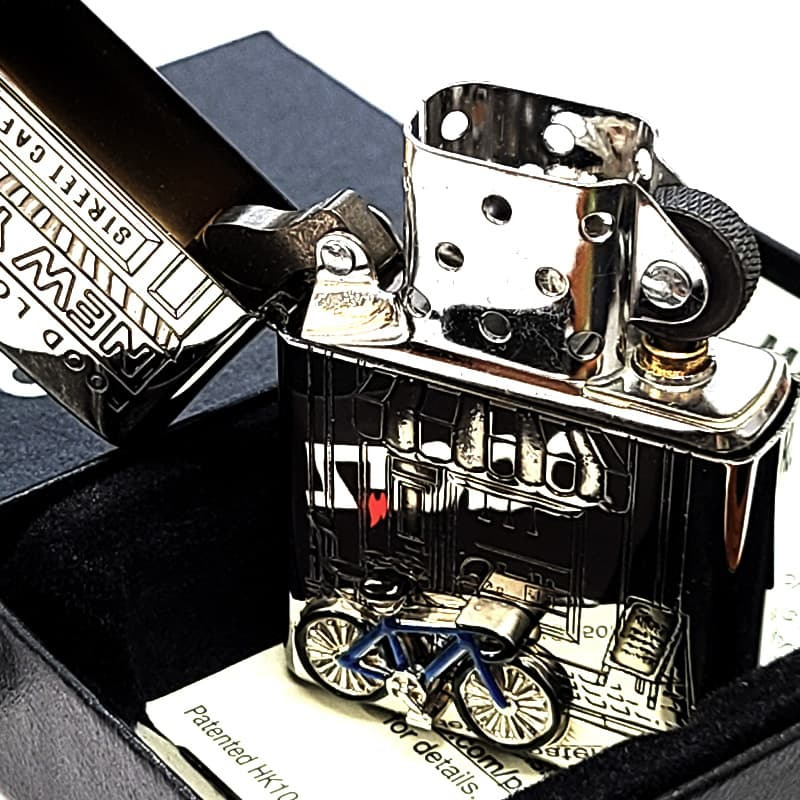 ZIPPO ニューヨーク 自転車 ジッポ ライター かわいい ブルー 重厚立体メタル 両面加工 シルバー おしゃれ 女性 NEW YORK アメリカ FOOD LOVER CLUB おしゃれ 銀 彫刻 レディース ギフト メンズ プレゼント
