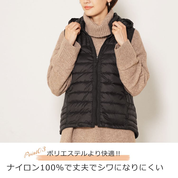 レディース ダウンベスト フード付き ダウン85% 軽量 ライトダウン ナイロン ベスト 収納袋付き 軽い 暖かい アウター グログラン 使い プレゼント ギフト 5F (08000245-cc-1r)
