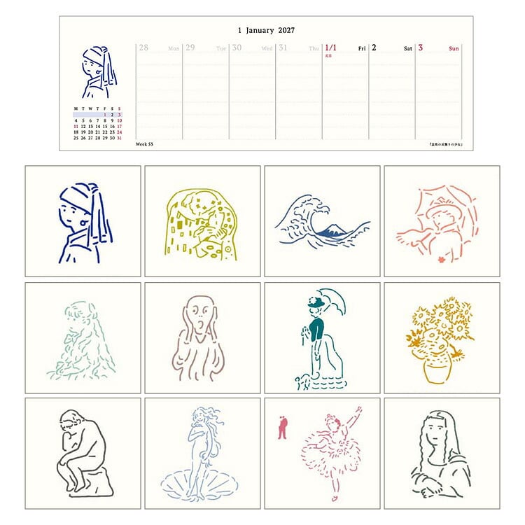 カレンダー 2027 卓上 MATOKA マトカ レディース 女性 おしゃれ かわいい リング ミニ 小さい 令和9年 ウィークリー 週めくり 週間 月曜始まり 1月始まり コンパクト スリム CAL-200 CAL-201 アニマル 動物 美術 アート メモ スケジュール パソコン下 エルコミューン 日本製