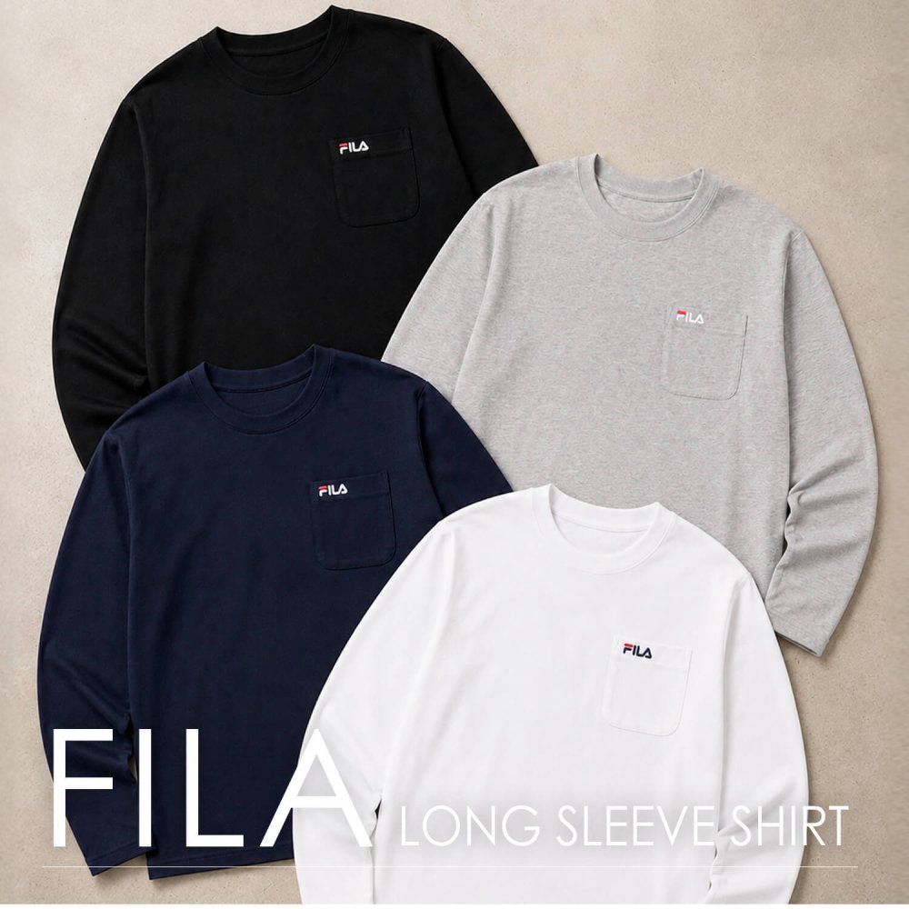  FILA フィラ Tシャツ メンズ 長袖 胸ポケット付き クルーネック 綿混 ワンポイントロゴ 刺繍 ロンT スポーツブランド トップス カットソー おしゃれ シンプル 無地 韓国 M L LL 3L 大きいサイズ 白 黒 紺 中学生 高校生 outfit