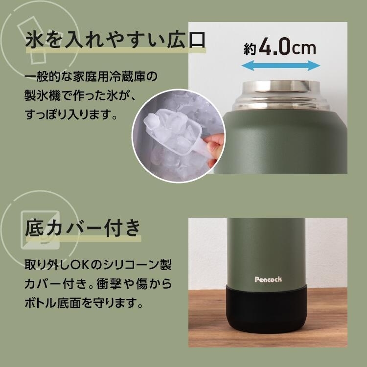 【ラッピング無料】ピーコック AJL-R100 ステンレスボトル 1000ml 炭酸 スポーツドリンク対応 保冷専用 ハンドル付き カーキ ベージュ ギフト 熱中症対策グッズ 水筒 部活 キャンプ アウトドア用 入学祝い