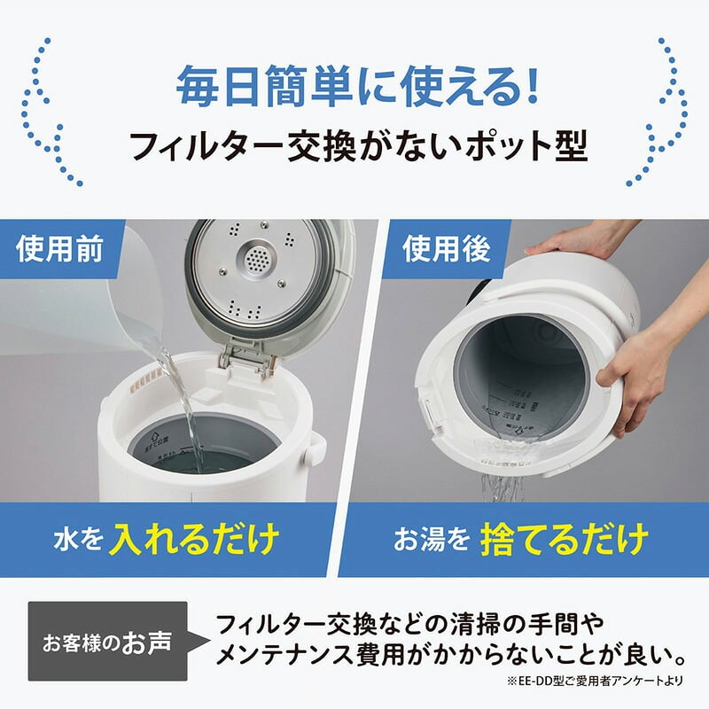 象印 ZOJIRUSHI スチーム加湿器 mnr-0763 象印 加湿器 ポット型 EE-DG504L/上部給水 ポット型 広口容器/おすすめ/フィルター不要 お手入れ簡単/子供部屋 寝室 タイマー 静音/おしゃれ/大容量/長時間稼働/スチーム式/