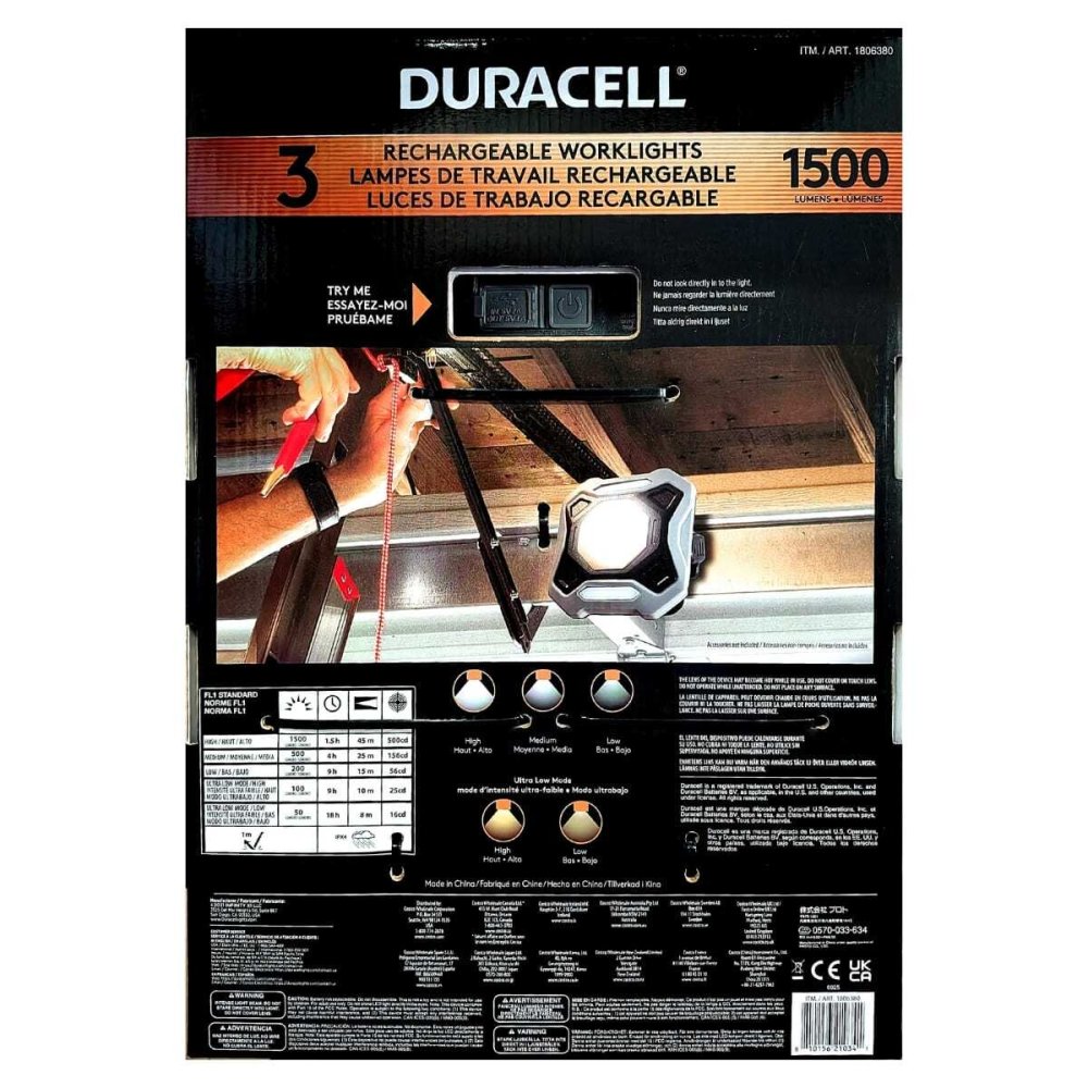 DURACELL デュラセル 1500ルーメン 充電式ワークライト 3個セット LED作灯USB-C マグネット 180度スタンド IPX4 中国製 #1806380 車庫 DIY ガレージ 倉庫 キャンプ 非常用ライト スマホ電 在庫1点のみ