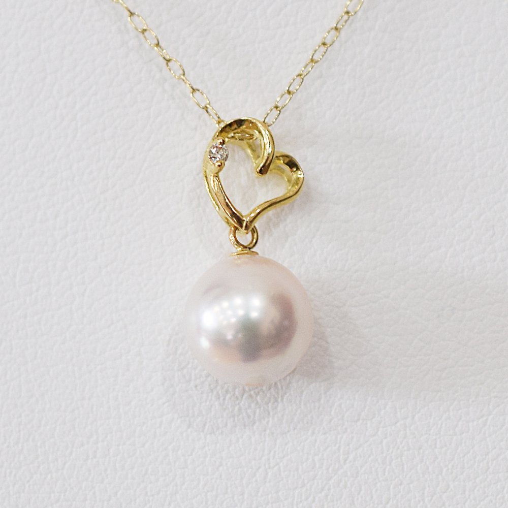 ［pearl585］ 8mm - 8.5mm ホワイトピンク ペンダント ダイヤモンド付 あこや真珠 0.01ct ハート