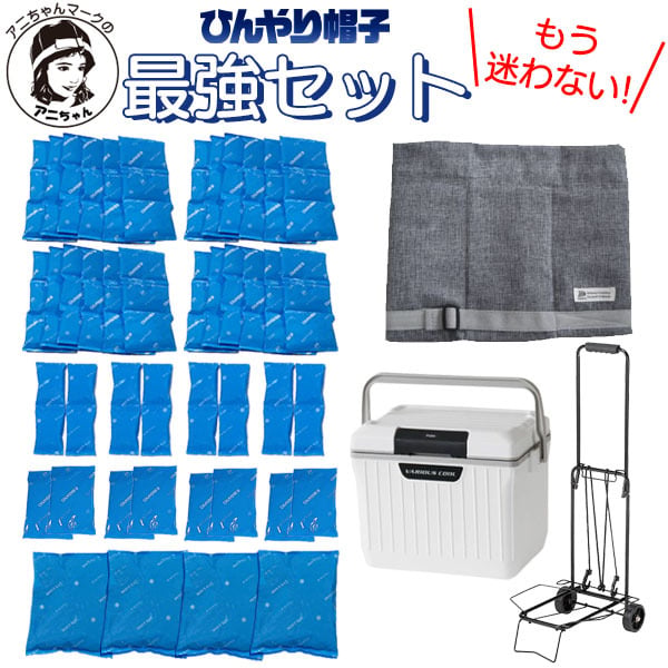 アニちゃんマークのひんやり帽子最強セット【本体＋冷却ジェル＋保冷剤＋クーラーボックスセット】かぶる氷枕 頭 冷やす グッズ 熱中症対策 暑さ対策 冷却帽子 高齢者 氷嚢 頭を冷やす帽子 冷却用帽子 保冷シート ひんやりぼうし 冷却グッズ 帽子の中 大人用 送料無料