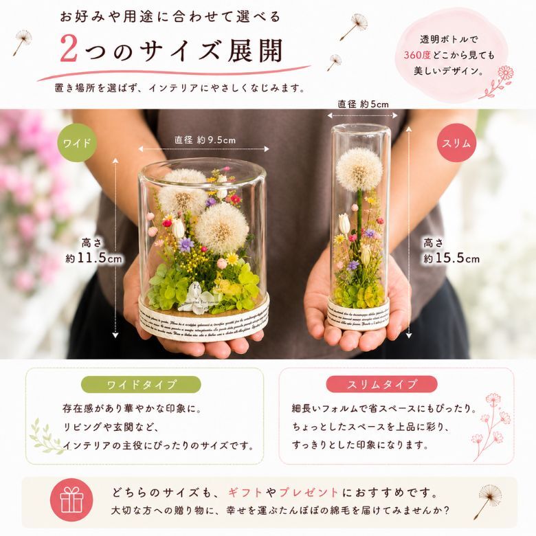 幸せを運ぶ たんぽぽの綿毛 ボトルフラワー ／プリザーブドフラワー タンポポ ドライフラワー ナチュラル インテリア おしゃれ 植物標本 花ギフト プレゼント