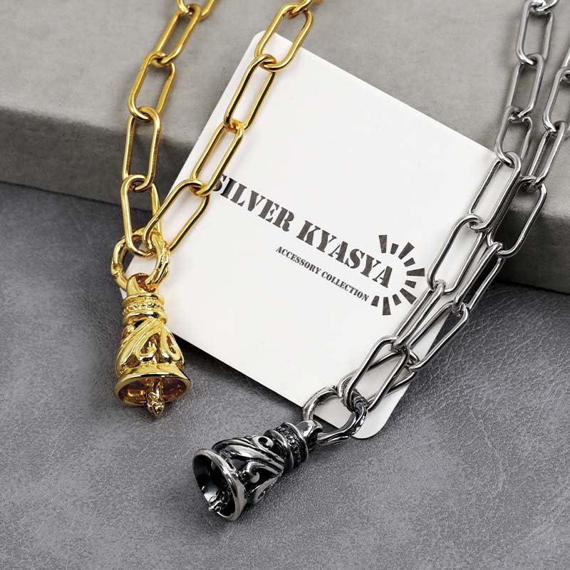 ステンレス ツインベルネックレス 唐草 クレーンベル ゴールド ベル ペンダント 18k gp アラベスク スクエアチェーン