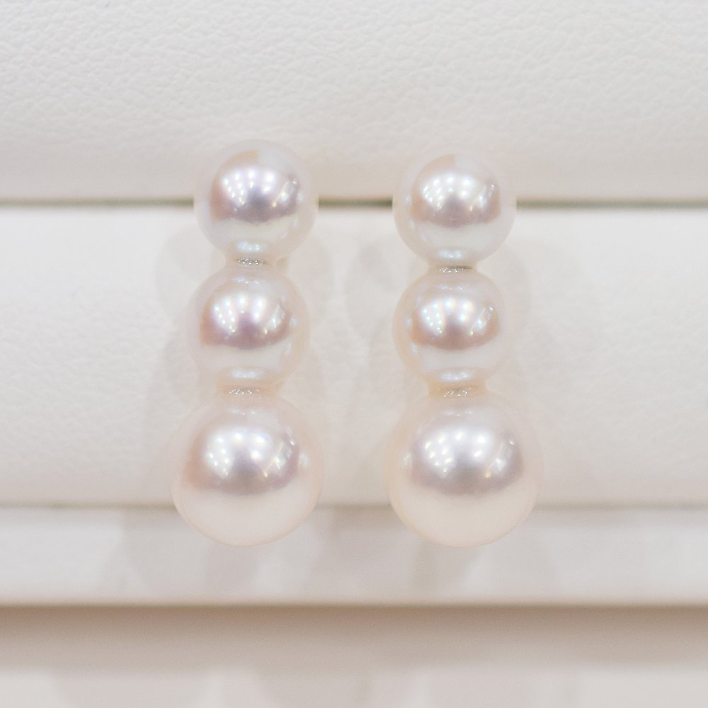 ［pearl593］6mm - 6.5mm × 7.5mm - 8mm 縦 3連 ピアス あこや真珠 熊本 天草 本真珠 ラインピアス